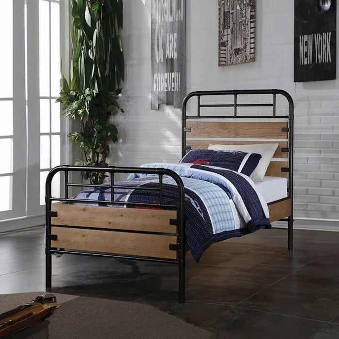 Twin Panel Bed Metal Frame With Oak Wooden Slats - Omega Lifestyles