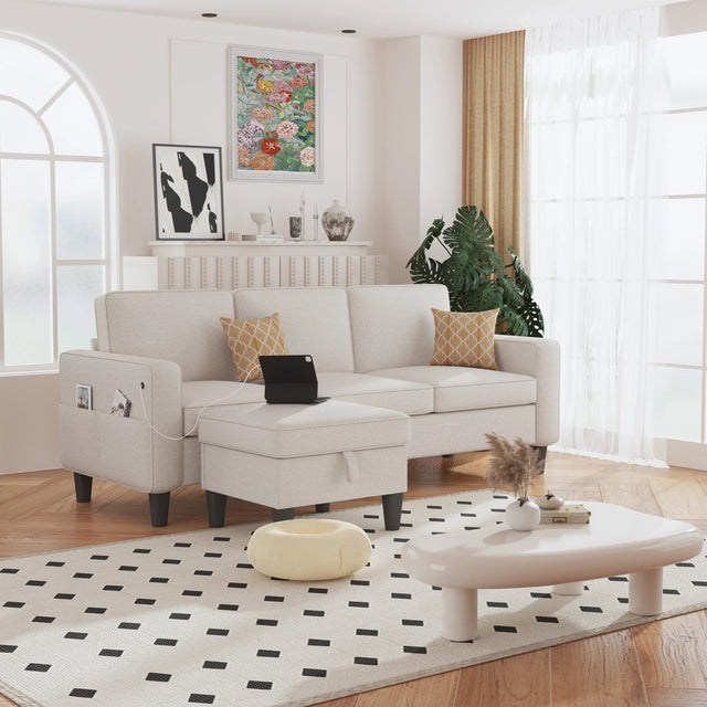 Beige Reversible Modular Sectional Sofa With Storage Ottoman - Omega Lifestyles