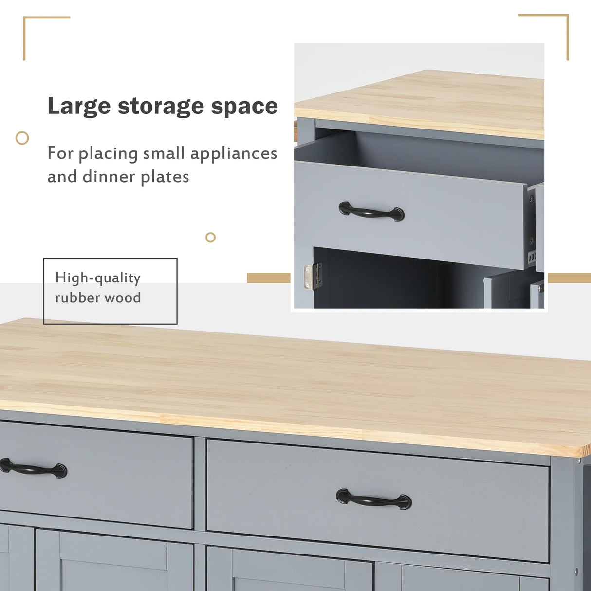 Kitchen Island Cart Solid Wood Top Four Door Cabinet - Omega Lifestyles