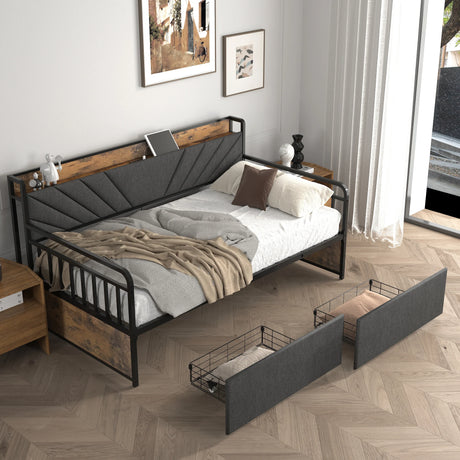Twin Metal Bed Frame With Upholstered Headboard Charging - Omega Lifestyles