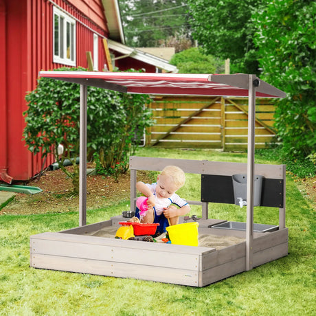 Adjustable Canopy Wooden Kids Sandbox With Kitchen Playset - Omega Lifestyles