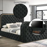Black Upholstered Eastern King Bed With LED Fireplace Stand - Omega Lifestyles