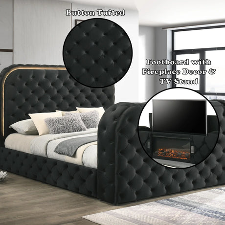Black Upholstered Eastern King Bed With LED Fireplace Stand - Omega Lifestyles