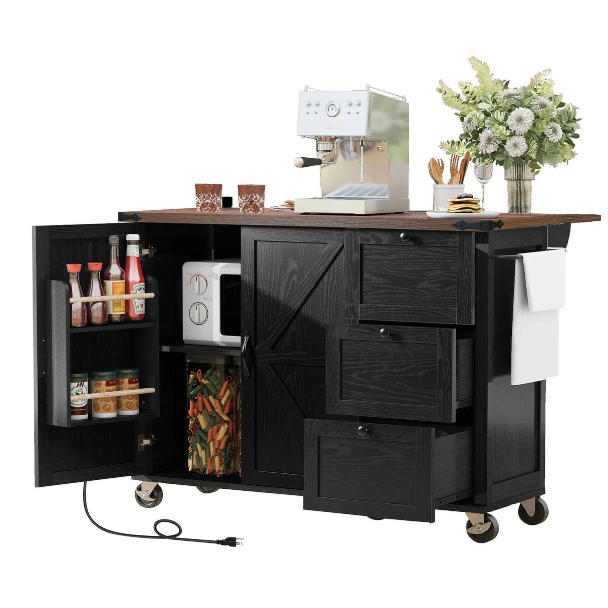 Farmhouse Kitchen Island Cart With Power Outlet - Omega Lifestyles