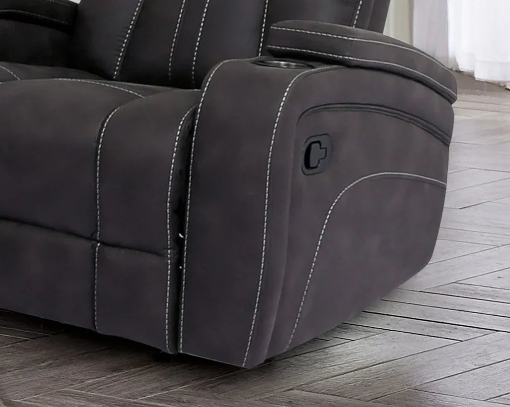 Transitional Dark Gray Fabric Glider Recliner With Cup Holders - Omega Lifestyles