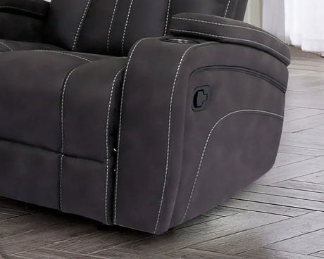 Transitional Dark Gray Fabric Glider Recliner With Cup Holders - Omega Lifestyles