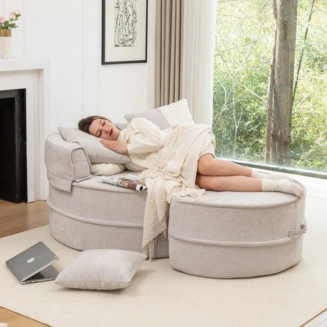 Modern Gray Chenille Barrel Accent Chair With Ottoman - Omega Lifestyles