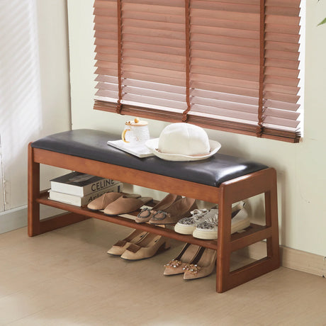 Walnut Rubber Wood Shoe Stool With Flip-Top Storage Bench - Omega Lifestyles