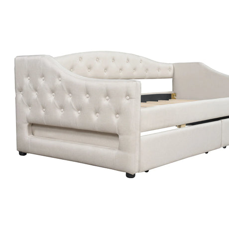 Twin XL Linen Upholstered Daybed With LED Lighting And Drawers - Omega Lifestyles