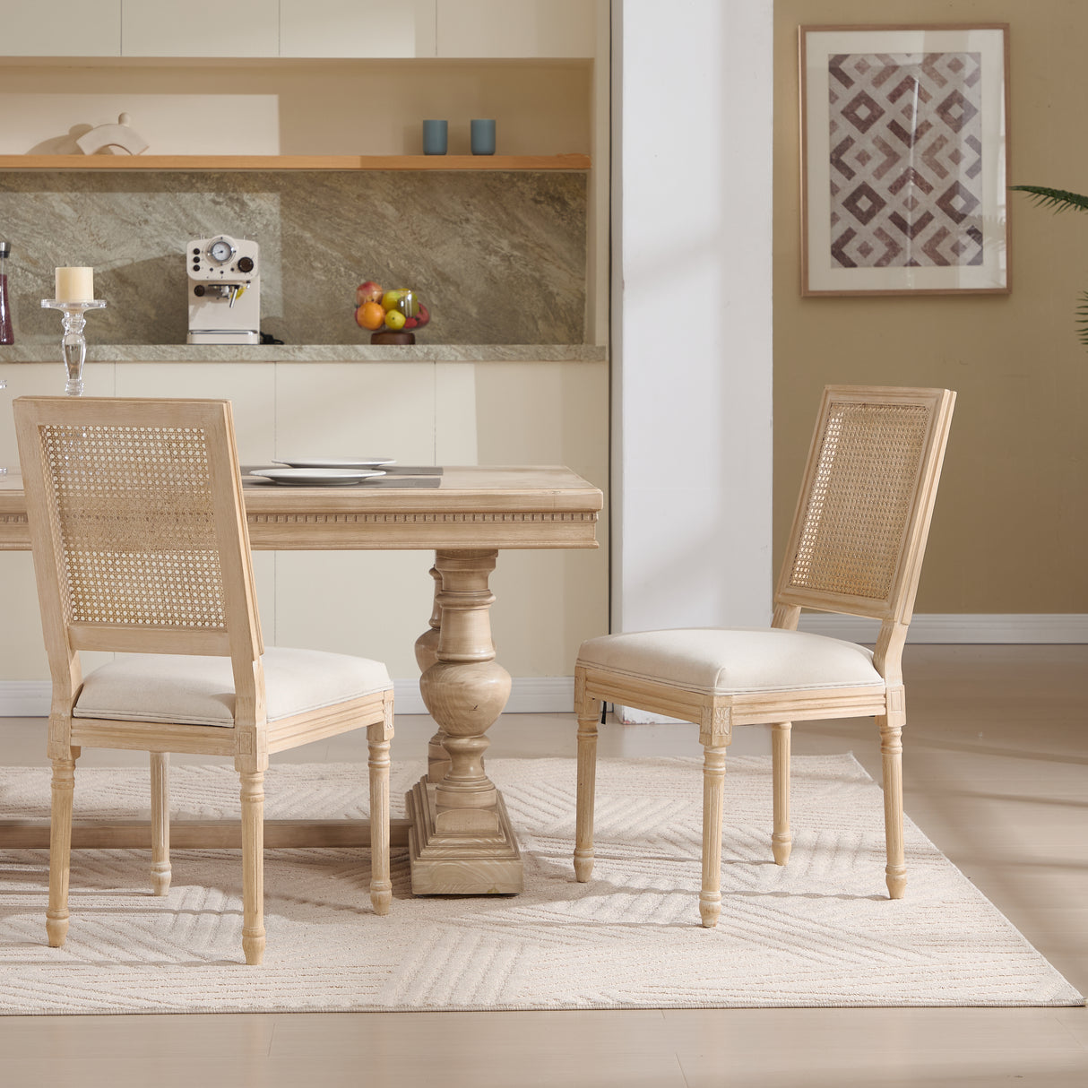 French Country Dining Chairs Set of 2 Natural Rattan Upholstered