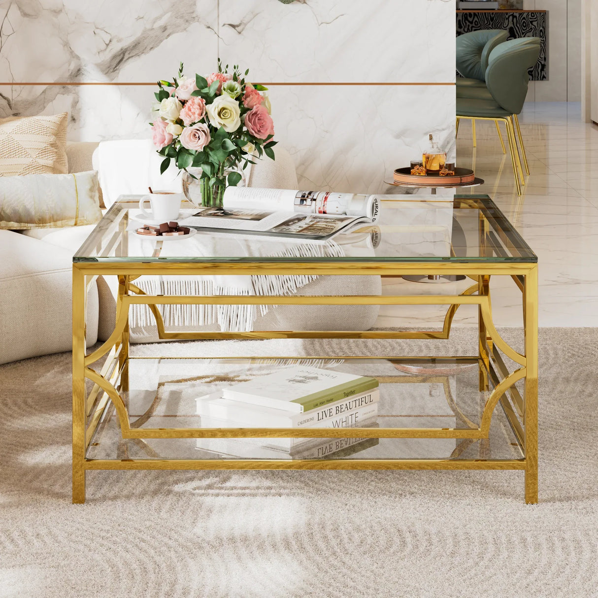 Modern Square Glass Coffee Table With Gold Metal Frame - Omega Lifestyles