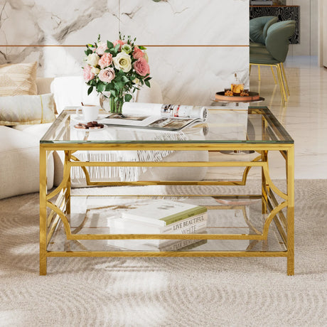 Modern Square Glass Coffee Table With Gold Metal Frame - Omega Lifestyles
