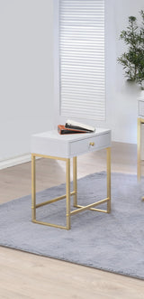 White Brass Finish Metal Accent Table With Drawer - Omega Lifestyles