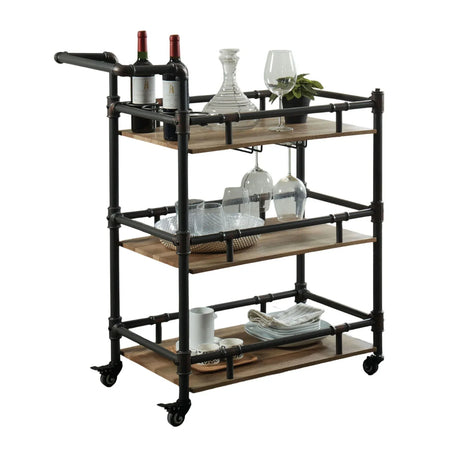 Industrial Style Metal Frame 3-Tier Oak Serving Cart - Omega Lifestyles