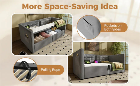 Twin Gray Velvet Upholstered Hydraulic Storage Daybed With USB Charging - Omega Lifestyles