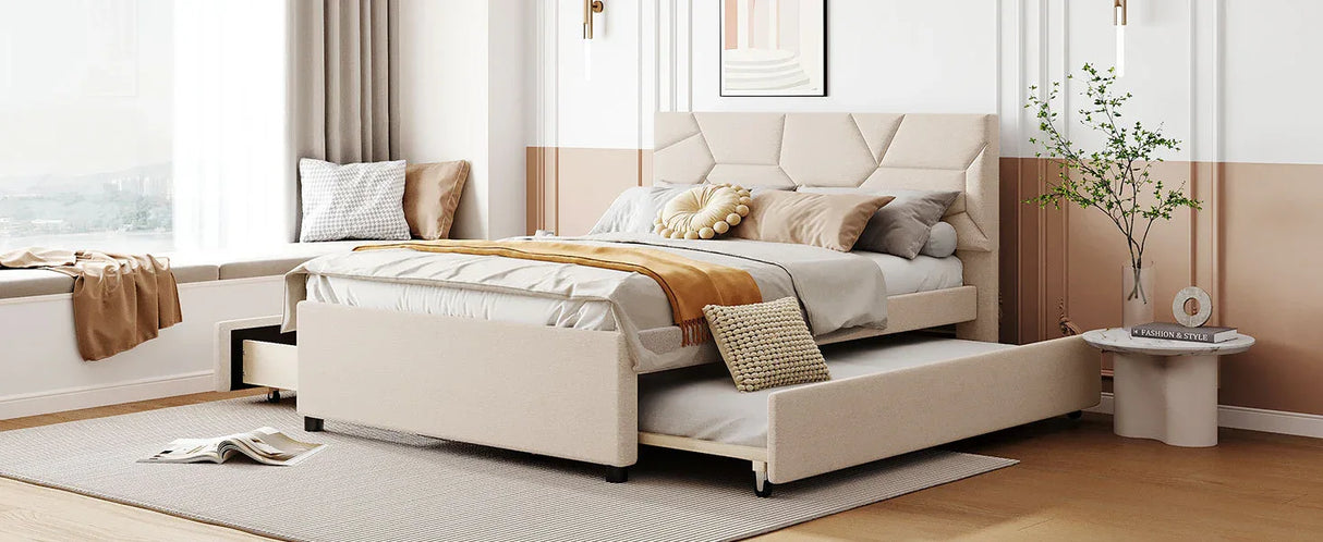 Full Upholstered Platform Bed With Trundle And Drawers Full - Omega Lifestyles
