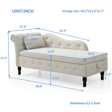 Velvet Upholstered Storage Chaise Lounge With Pillow - Omega Lifestyles