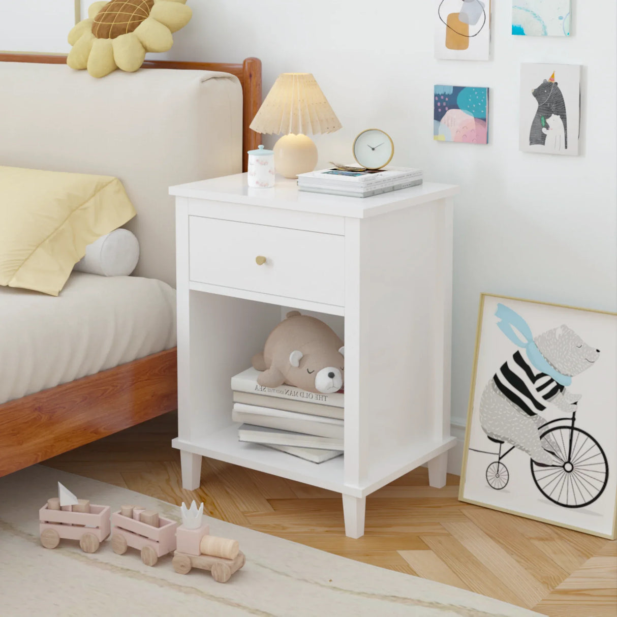 White MDF Kids Wooden Nightstand With Drawer Shelf - Omega Lifestyles