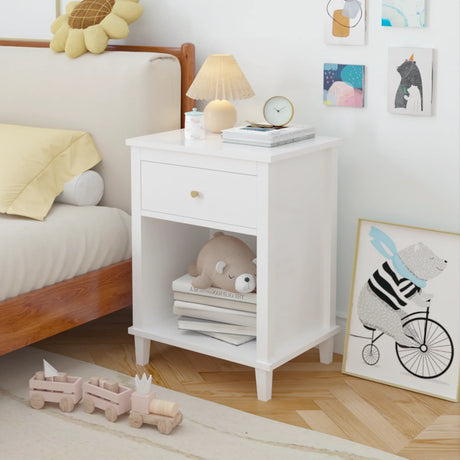 White MDF Kids Wooden Nightstand With Drawer Shelf - Omega Lifestyles