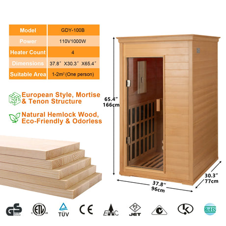 Infrared 1-Person Hemlock Wood Dry Sauna With Bluetooth - Omega Lifestyles