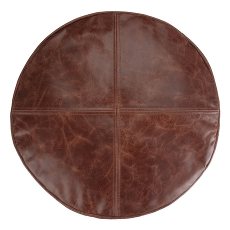 Distressed Brown Genuine Leather Round Pouf Stool - Omega Lifestyles