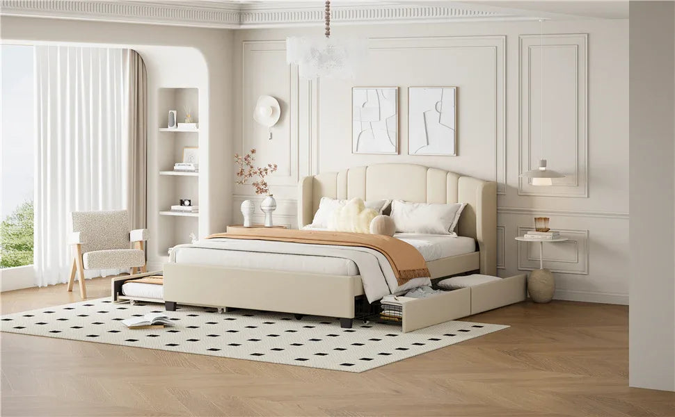 Queen Upholstered Platform Bed With Wingback Headboard Trundle - Omega Lifestyles