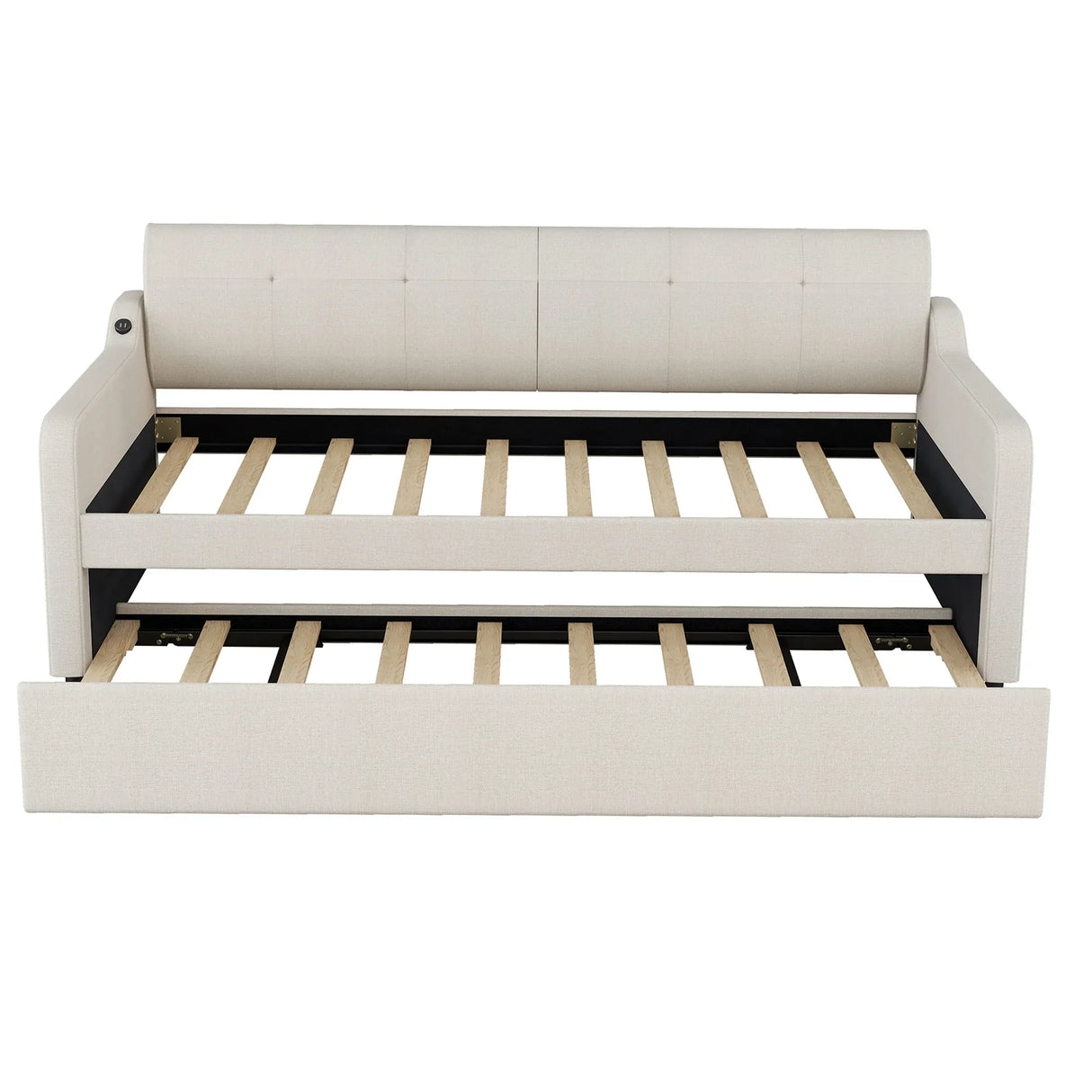 Twin Beige Upholstered Daybed With Trundle And USB Charging - Omega Lifestyles
