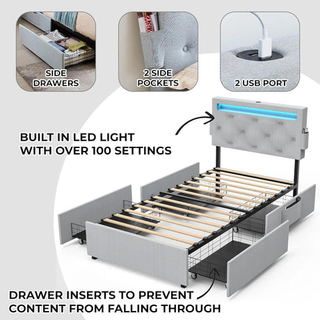 Twin Upholstered Bed Frame With USB Charging Station - Omega Lifestyles