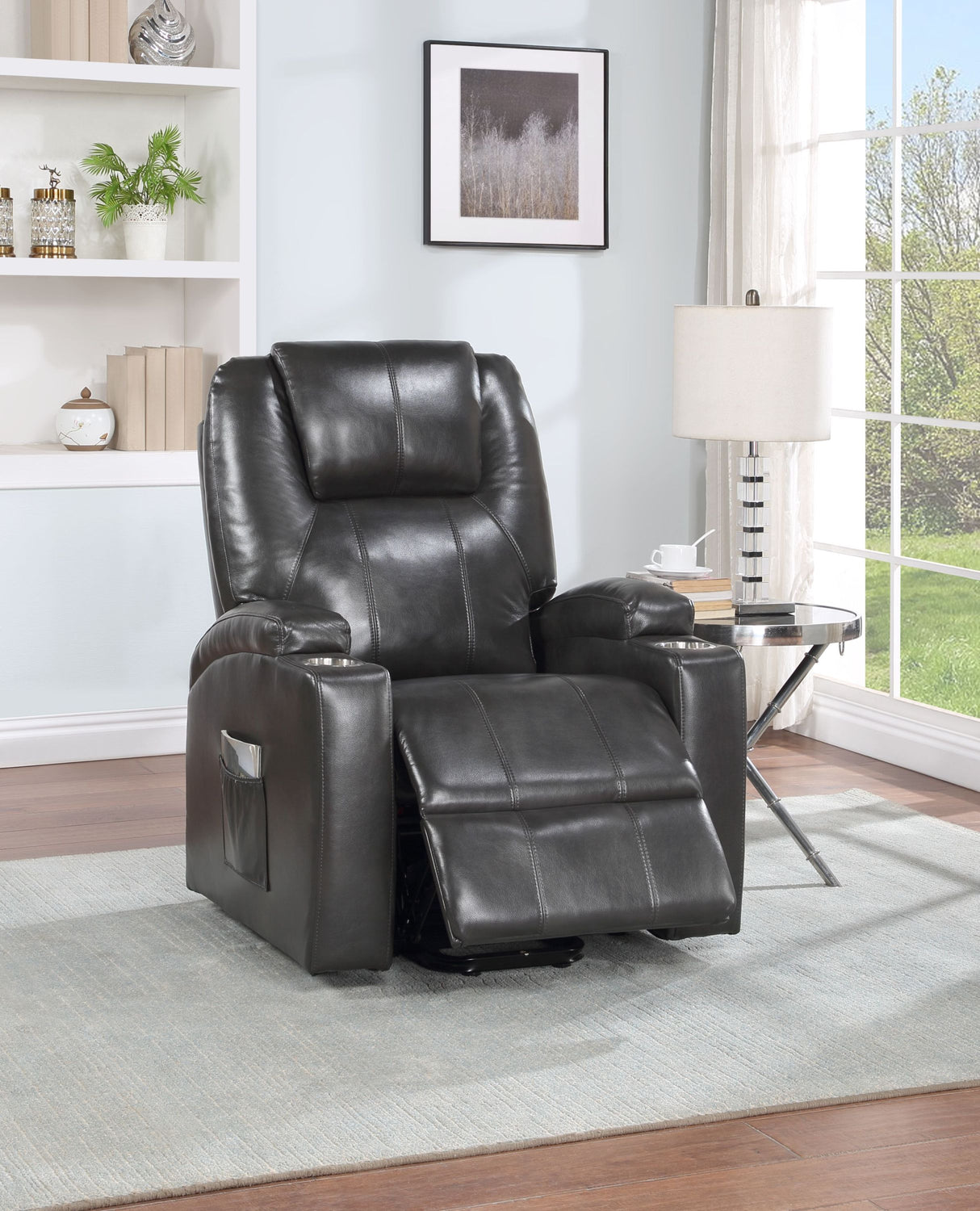 Gunmetal Power Lift Faux Leather Recliner With Cup Holders