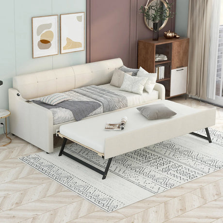 Twin Beige Upholstered Daybed With Trundle And USB Charging - Omega Lifestyles