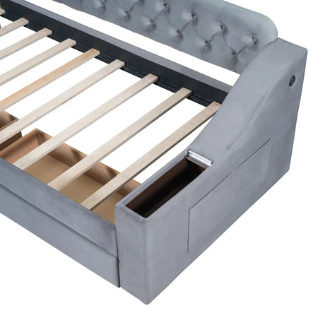 Twin Upholstered Velvet Daybed With Storage Drawers USB Ports - Omega Lifestyles