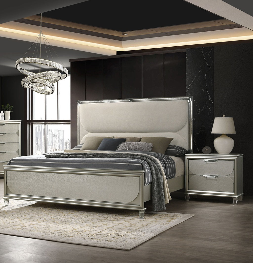 Queen Silver Fabric Upholstered Bed Frame With LED Lighting