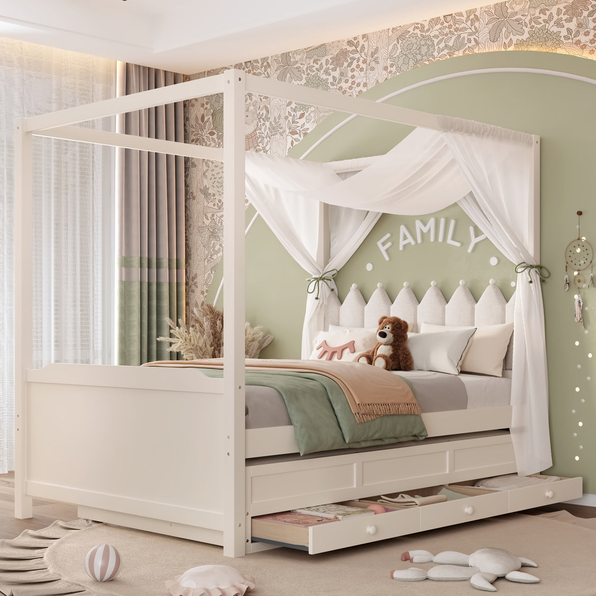 Full Beige Princess Canopy Bed With Trundle Storage
