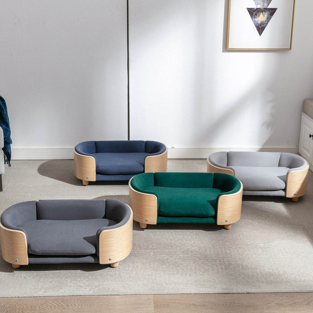 Scandinavian Style Solid Wood Elevated Pet Bed With Velvet Cushion - Omega Lifestyles