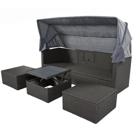 Outdoor Gray Rattan Wicker Patio Daybed With Canopy - Omega Lifestyles