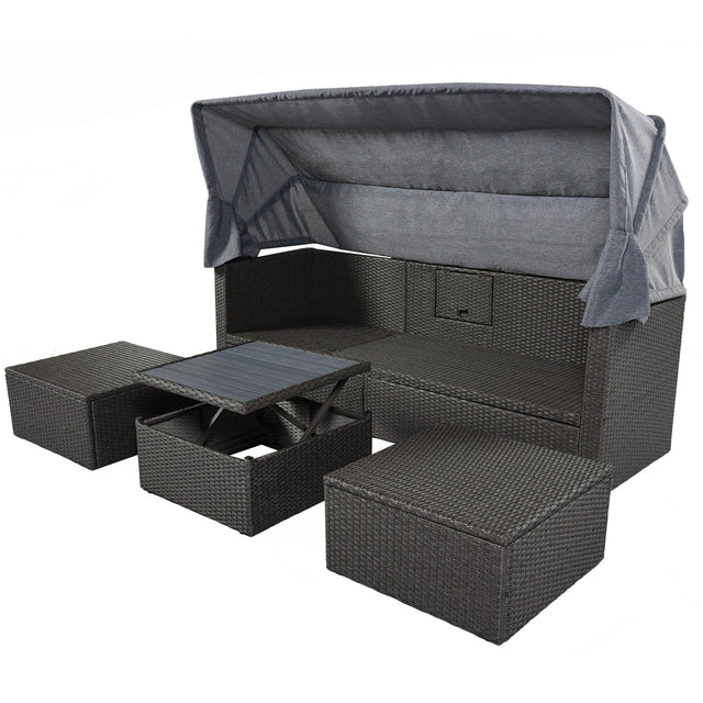 Outdoor Gray Rattan Wicker Patio Daybed With Canopy - Omega Lifestyles