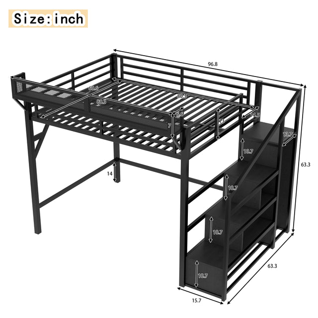 Queen Metal Loft Bed With Storage Stairs USB LED Lighting - Omega Lifestyles
