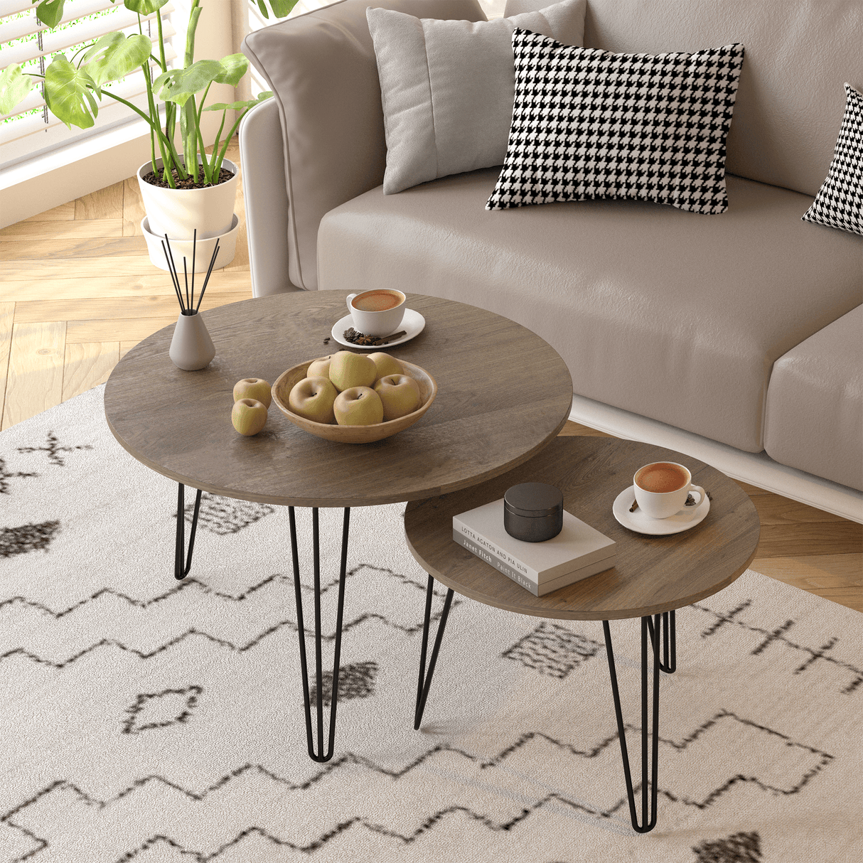 Set of 2 Rustic Brown Round Nesting Coffee Tables - Sleep Galleria