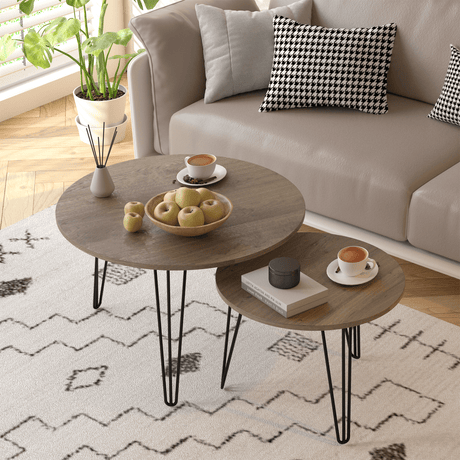 Set of 2 Rustic Brown Round Nesting Coffee Tables - Sleep Galleria