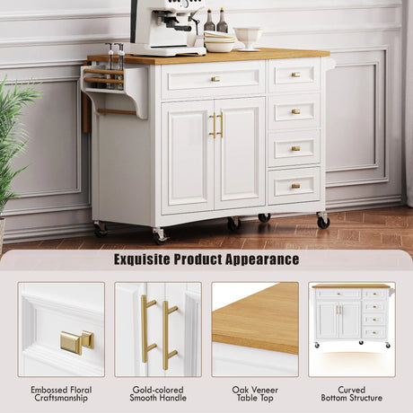 Classic Vintage Embossed White Kitchen Island On Wheels - Omega Lifestyles