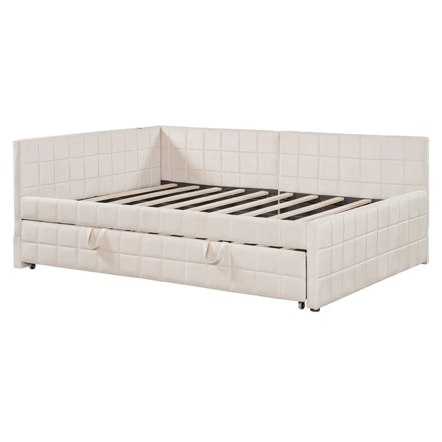 Full Upholstered L-Shaped Daybed With Twin Trundle and USB Ports - Omega Lifestyles