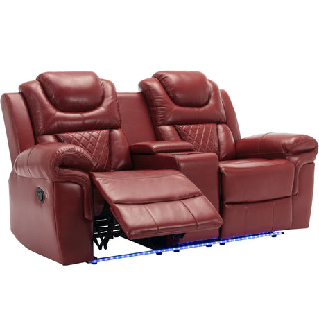 Wine Red Faux Leather Manual Recliner Sofa Set With LED Strip - Omega Lifestyles