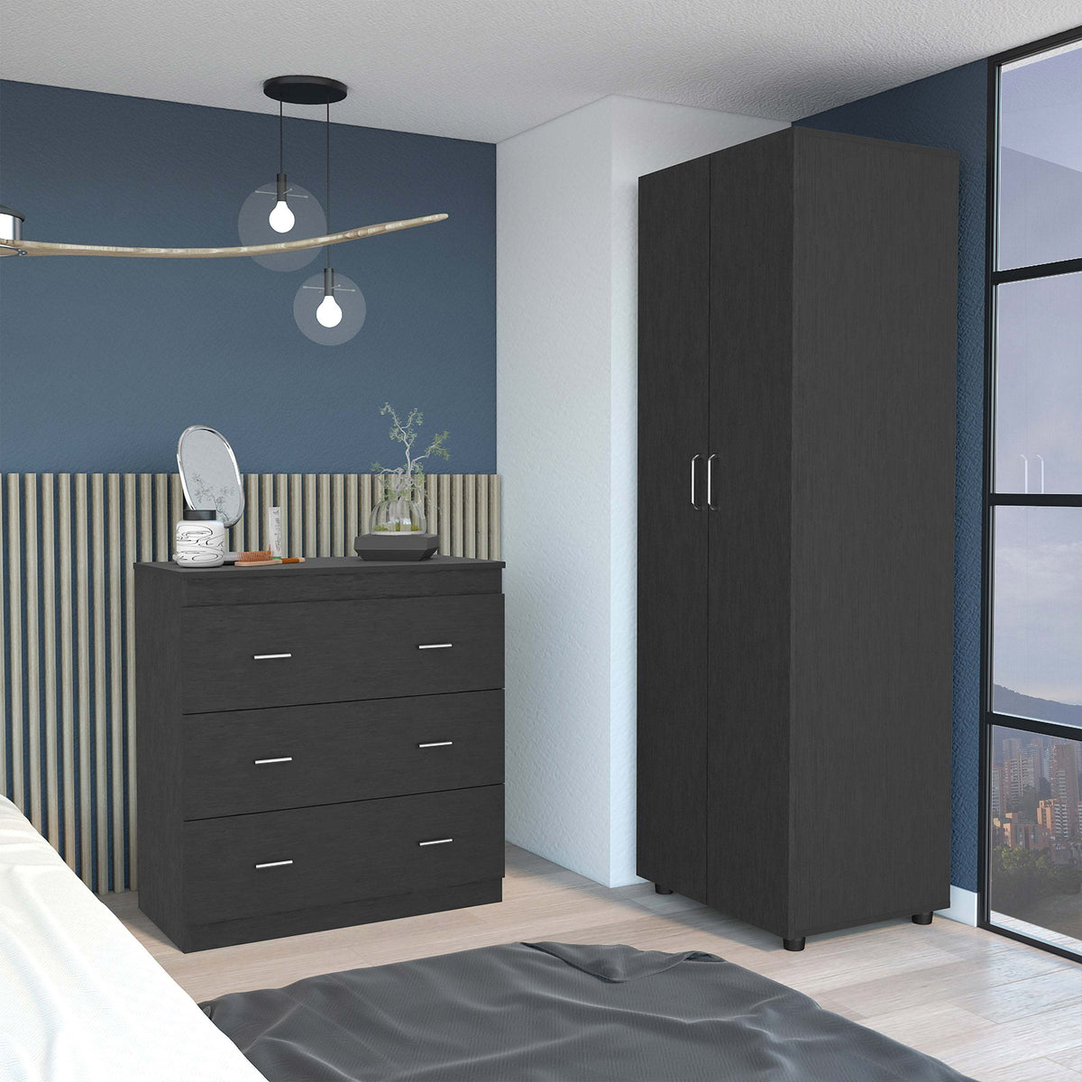2-Piece Modern Black Particle Board Bedroom Set