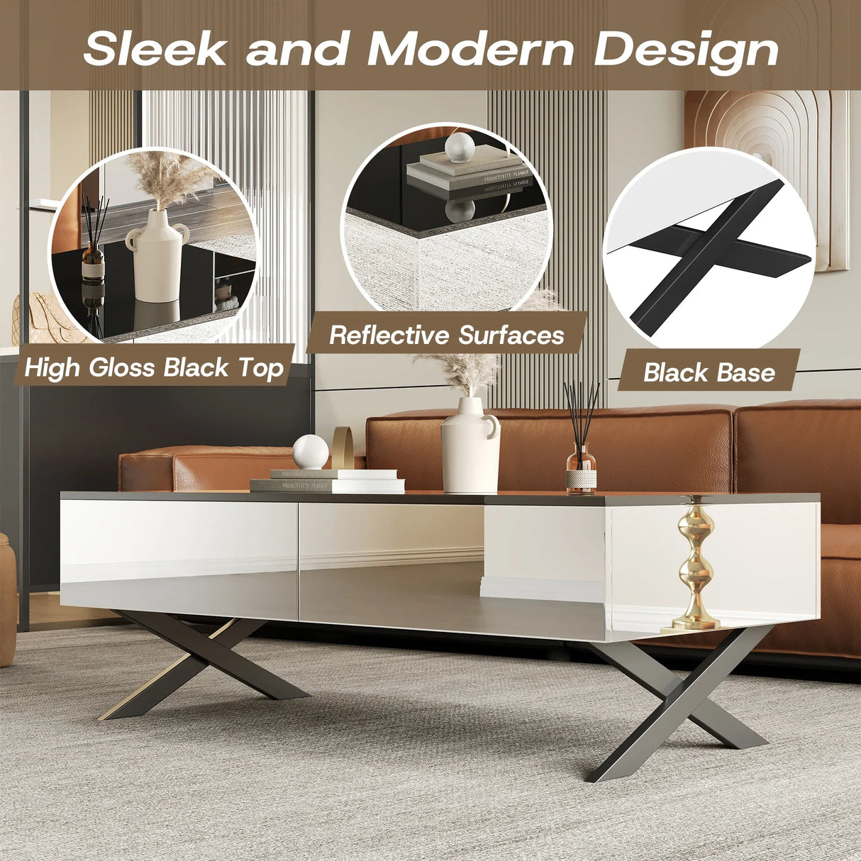 Rectangular Mirrored Coffee Table With Metal Base Storage - Omega Lifestyles