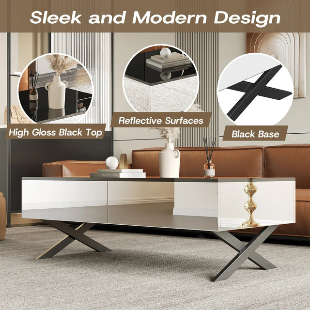 Rectangular Mirrored Coffee Table With Metal Base Storage - Omega Lifestyles