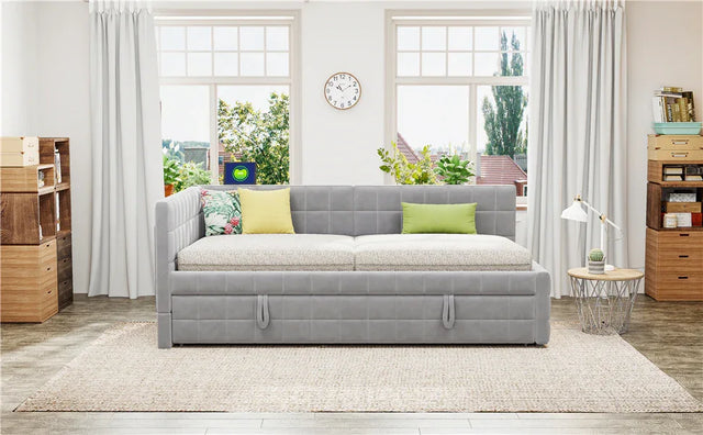 Full Upholstered L-Shaped Daybed With Twin Trundle USB Ports - Omega Lifestyles