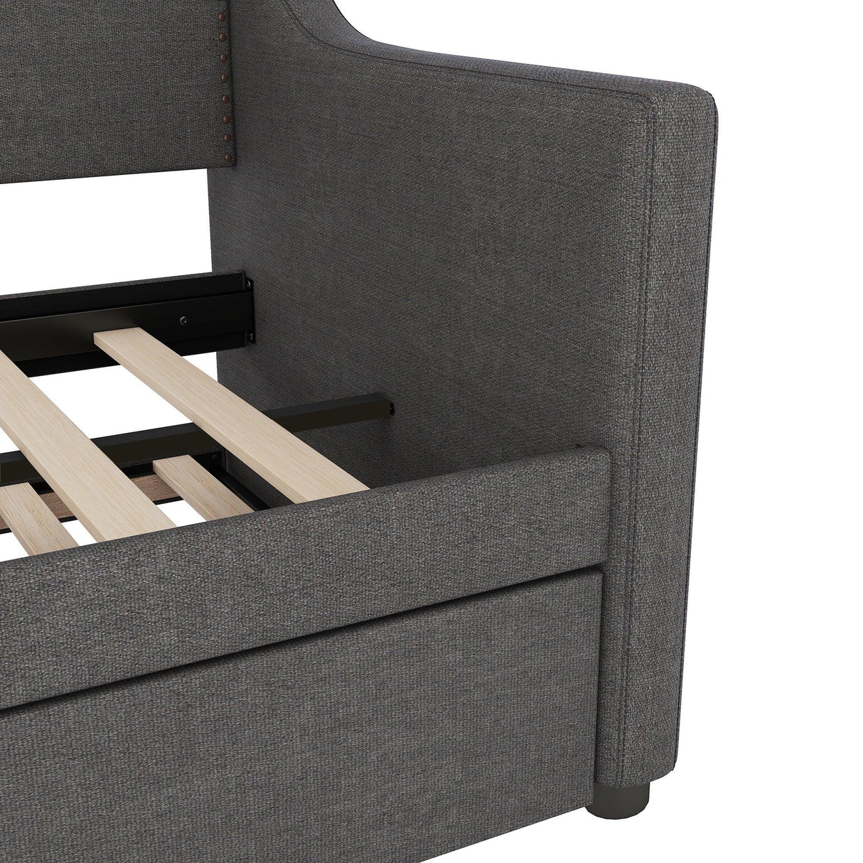 Twin Linen Upholstered Daybed With Trundle Charging Station - Omega Lifestyles