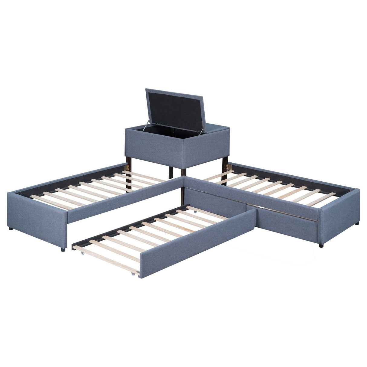L-Shaped Upholstered Twin Platform Bed With Trundle Desk - Omega Lifestyles