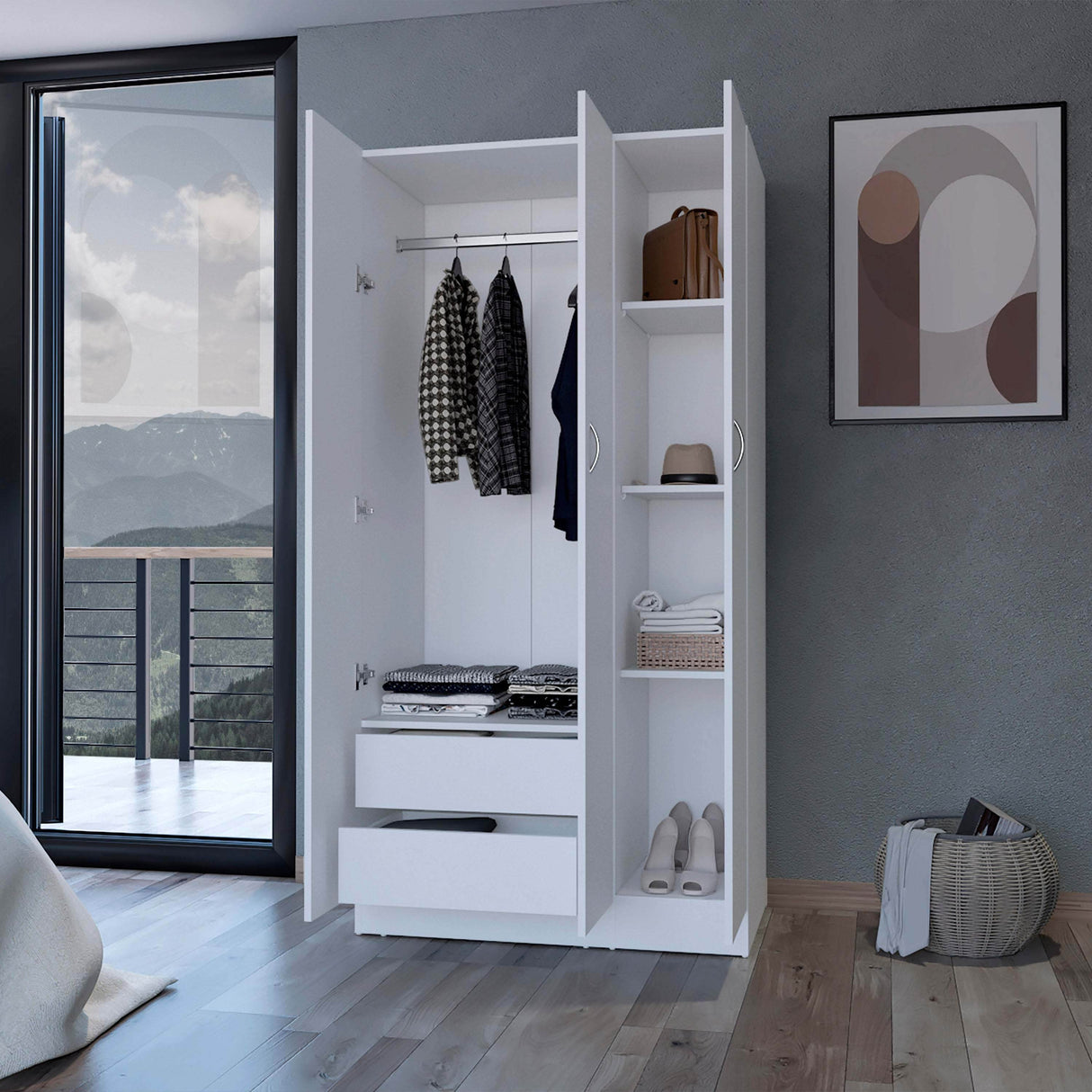 White Engineered Wood Three-Door Wardrobe With Drawers - Omega Lifestyles