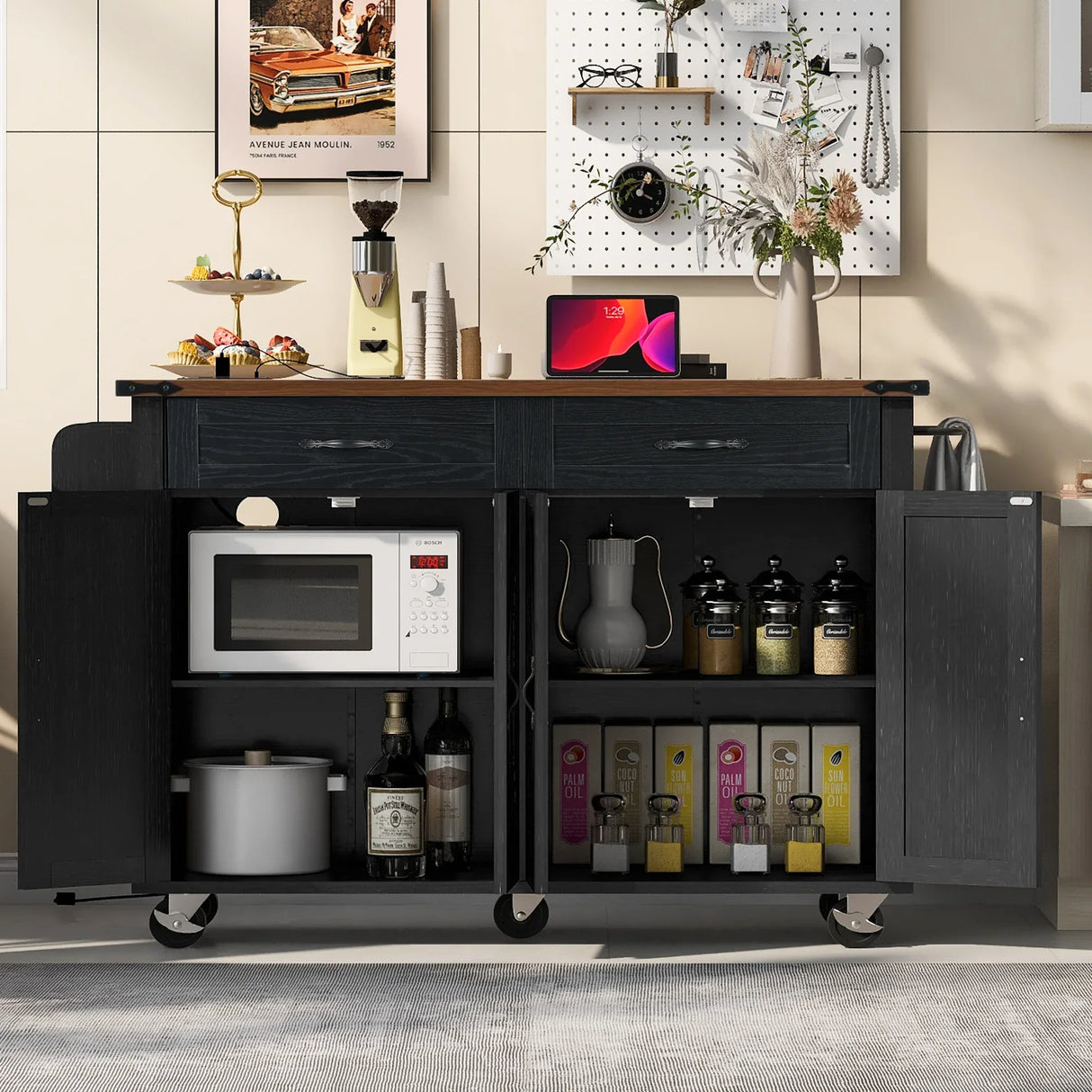 Farmhouse Style Rolling Kitchen Island With Power Outlet - Omega Lifestyles